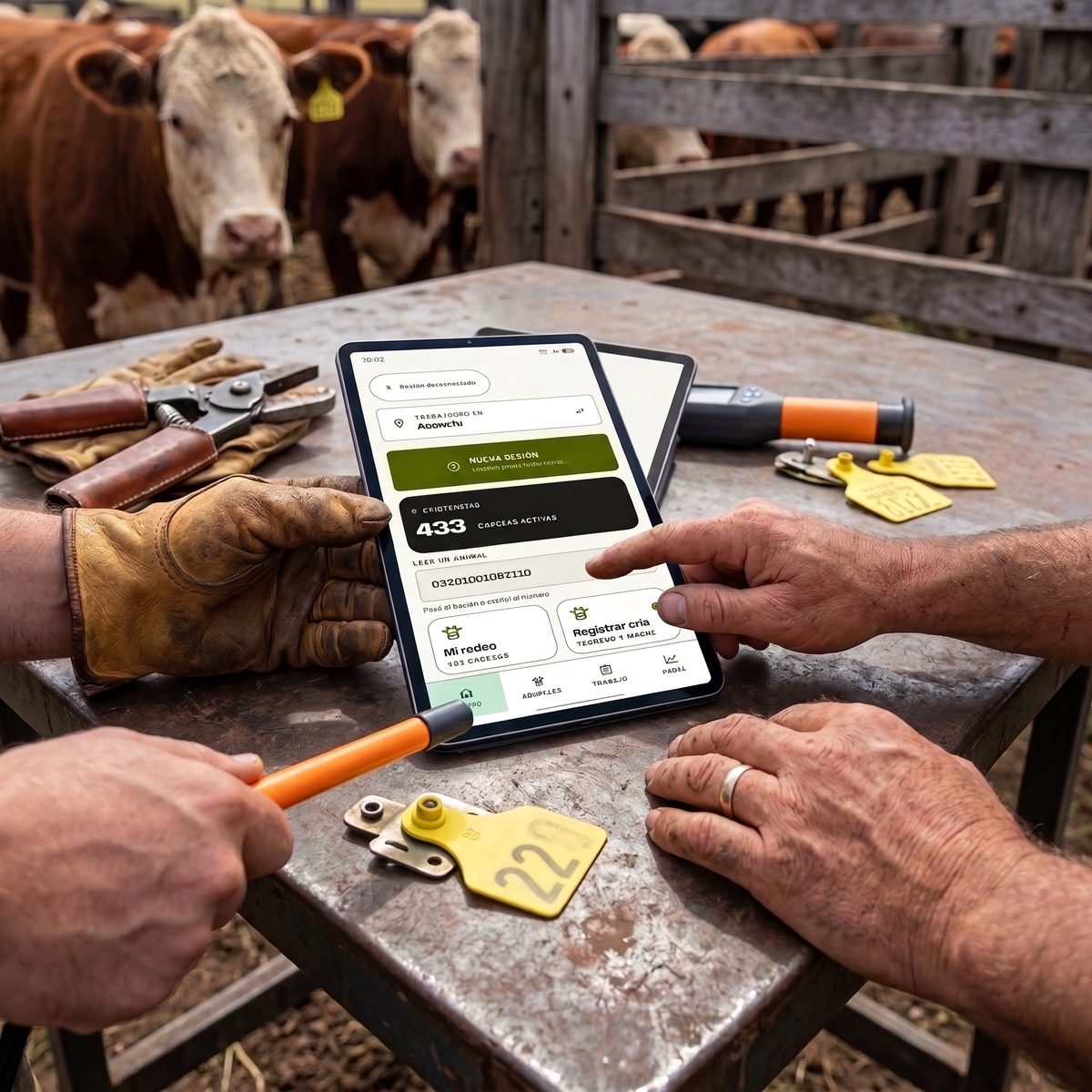 Sobre una mesa de chapa del corral, dos personas miran la app en una tablet; alrededor, guantes, la pinza caravaneadora, caravanas amarillas y un bastón lector. Atrás, hacienda en el corral.